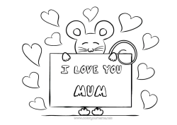 Free colouring Mouse I love you. Animal Valentine's Day