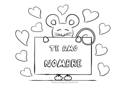 Niño página para colorear Ratón Te amo Animales Día de San Valentín Mensaje 