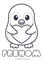 Coloriage à personnaliser Mignon Coeur Je t'aime Pingouin, Manchot Animal Oiseaux et mammifères volants