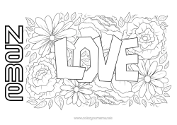 Free colouring Flowers I love you. 