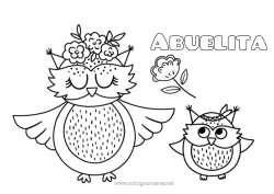 Niño página para colorear Flores Mamá Abuela Feliz día de fiesta Búho Animales Aves y mamíferos voladores Bebé animal