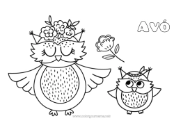 Página de desenho infantil Flores Mamãe Vovó Feliz Aniversário Coruja Animal Pássaros e mamíferos voadores Filhote