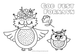 Farvelægningssiden for børn Blomster Mor Bedstemor God fest Ugle, Hornugle Dyr Fugle og flyvende pattedyr Dyrebaby