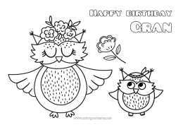 Free colouring Flowers Mum Grandma Happy birthday Owl, Tawny owl Animal Birds and flying mammals Cub