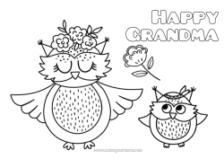 Free coloring Flowers Mum Grandma Happy feast day ! Owl Animal Flying birds and mammals Baby animal