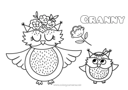 Child coloring page Flowers Mum Grandma Happy feast day ! Owl Animal Flying birds and mammals