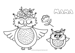 Kinder-Malvorlage Blumen Mama Oma Frohes Fest Eule, Uhu Tier Vögel und fliegende Säugetiere Tierbaby