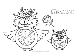 Coloriage enfant Fleurs Maman Mamie Bonne fête Chouette, Hibou Animal Oiseaux et mammifères volants