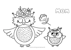 Child coloring page Flowers Mum Grandma Happy feast day ! Owl Animal Flying birds and mammals