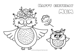 Free colouring Flowers Mum Grandma Happy birthday Owl, Tawny owl Animal Birds and flying mammals Cub
