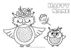 Free coloring Flowers Mum Grandma Happy feast day ! Owl Animal Flying birds and mammals