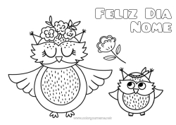 Página de desenho infantil Flores Mamãe Vovó Feliz Aniversário Coruja Animal Pássaros e mamíferos voadores Filhote