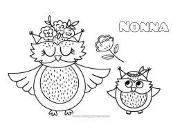 Pagina da colorare per bambini Fiori Mamma Nonna Buona festa Gufo, Civetta Animale Uccelli e mammiferi volanti Cucciolo