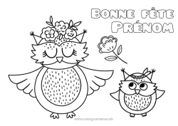 Coloriage enfant Fleurs Maman Mamie Bonne fête Chouette, Hibou Animal Oiseaux et mammifères volants Bébé animal