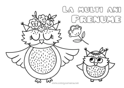 Desen liber de colorat Flori Mama Bunica La mulți ani! Bufniță, Uluce. Animal Păsări și mamifere zburătoare Pui de animal