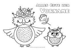 Kostenlose Malvorlage Blumen Mama Oma Frohes Fest Eule, Uhu Tier Vögel und fliegende Säugetiere Tierbaby