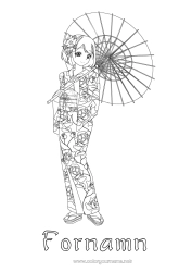 Färgläggningssida att anpassa Japan Manga Kimono Komplexa målarbilder Land