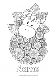 Free coloring Flowers Mandala Spring Animal Cow Daisy Complex coloring pages Farm animals