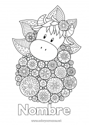 Colorear para personalizar Flores Mandala Primavera Animales Vaca Margarita Dibujos complejos para colorear Animales de granja