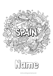 Free colouring Geography Spain Complex colouring pages Country Maracas Musical instruments Sombrero
