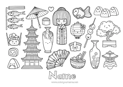 Colouring to customise Geography Japan Country Sushi Ramen