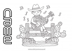 Coloring to customize USA Cactus Cowboy Country Far West Guitar Musical instruments