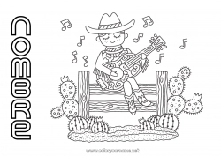 Colorear gratis Estados Unidos Cactus Cowboy País Lejano Oeste Guitarra Instrumentos de música