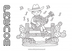 Coloriage à personnaliser USA Cactus Cow-boy Pays Far West Guitare Instruments de musique