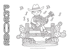 Pagină de colorat personalizată SUA Cactus Cavaler Țară Vestul Sălbatic Chitară Instrumente muzicale