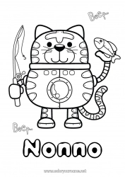 Pagina da colorare per bambini Robot Gatto Pesca Animale CanI e gatti