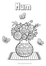 Free colouring Flowers Happy birthday Butterfly Vase Insects