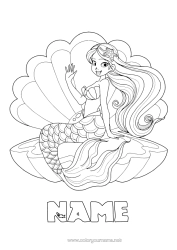 Free colouring Princess Sea Siren Fairy tale Shellfish Marine or aquatic animals