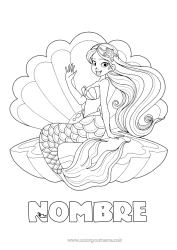 Colorear para personalizar Princesa Mar Sirena Cuento de hadas Conchas marinas Animales marinos o acuáticos
