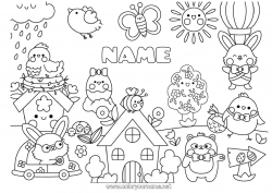 Coloring to customize Kawaii Bird Hen Spring Sun Chick Bunny Butterfly Animal Easter Symbols House Insects Flying birds and mammals Farm animals Forest animals