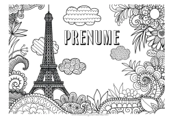 Pagină de colorat personalizată Flori Mandala Geografie Franța Desene de colorat complexe Țară Peisaj urban Paris Monument Orașul lumii