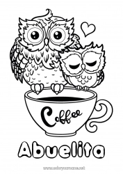 Niño página para colorear Corazón Feliz día de fiesta Te amo Taza Búho Animales Café Bebidas Aves y mamíferos voladores