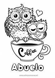 Niño página para colorear Corazón Feliz día de fiesta Te amo Taza Búho Animales Café Bebidas Aves y mamíferos voladores