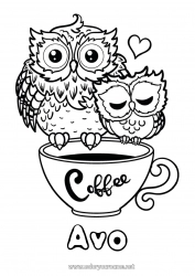 Página de desenho infantil Coração Feliz Aniversário Eu te amo Caneca Coruja Animal Café Bebida Pássaros e mamíferos voadores