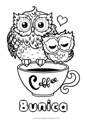 Pagină de colorat gratuită Inimă La mulți ani! Te iubesc. Cana Bufniță, Uluce. Animal Cafenea Băutură Păsări și mamifere zburătoare