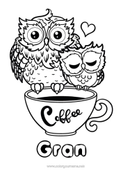 Free colouring Heart Happy birthday I love you. Mug Owl, Tawny owl Animal Café Drink Birds and flying mammals