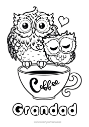 Free colouring Heart Happy birthday I love you. Mug Owl, Tawny owl Animal Café Drink Birds and flying mammals