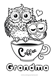 Free coloring Heart Happy feast day ! I love you Mug Owl Animal Coffee Drinks Flying birds and mammals