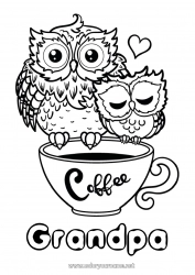 Child coloring page Heart Happy feast day ! I love you Mug Owl Animal Coffee Drinks Flying birds and mammals