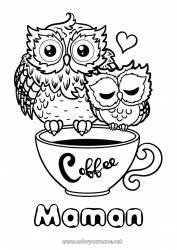 Coloriage enfant Coeur Bonne fête Je t'aime Tasse Chouette, Hibou Café Boisson Oiseaux et mammifères volants