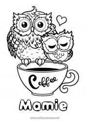 Coloriage enfant Coeur Bonne fête Je t'aime Tasse Chouette, Hibou Café Boisson Oiseaux et mammifères volants