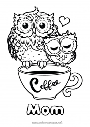 Child coloring page Heart Happy feast day ! I love you Mug Owl Animal Coffee Drinks Flying birds and mammals