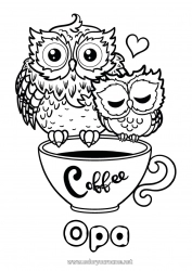 Kinder-Malvorlage Herz Frohes Fest Ich liebe dich Tasse Eule, Uhu Tier Kaffee Getränk Vögel und fliegende Säugetiere