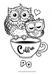 Kleurplaat voor kinderen Hart Fijne verjaardag Ik hou van jou Mok Uil, Kerkuil Dier Koffie Drankje Vogels en vliegende zoogdieren