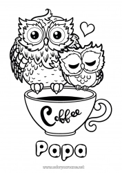 Coloriage enfant Coeur Bonne fête Je t'aime Tasse Chouette, Hibou Animal Café Boisson Oiseaux et mammifères volants