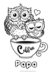 Colorear gratis Corazón Feliz día de fiesta Te amo Taza Búho Animales Café Bebidas Aves y mamíferos voladores